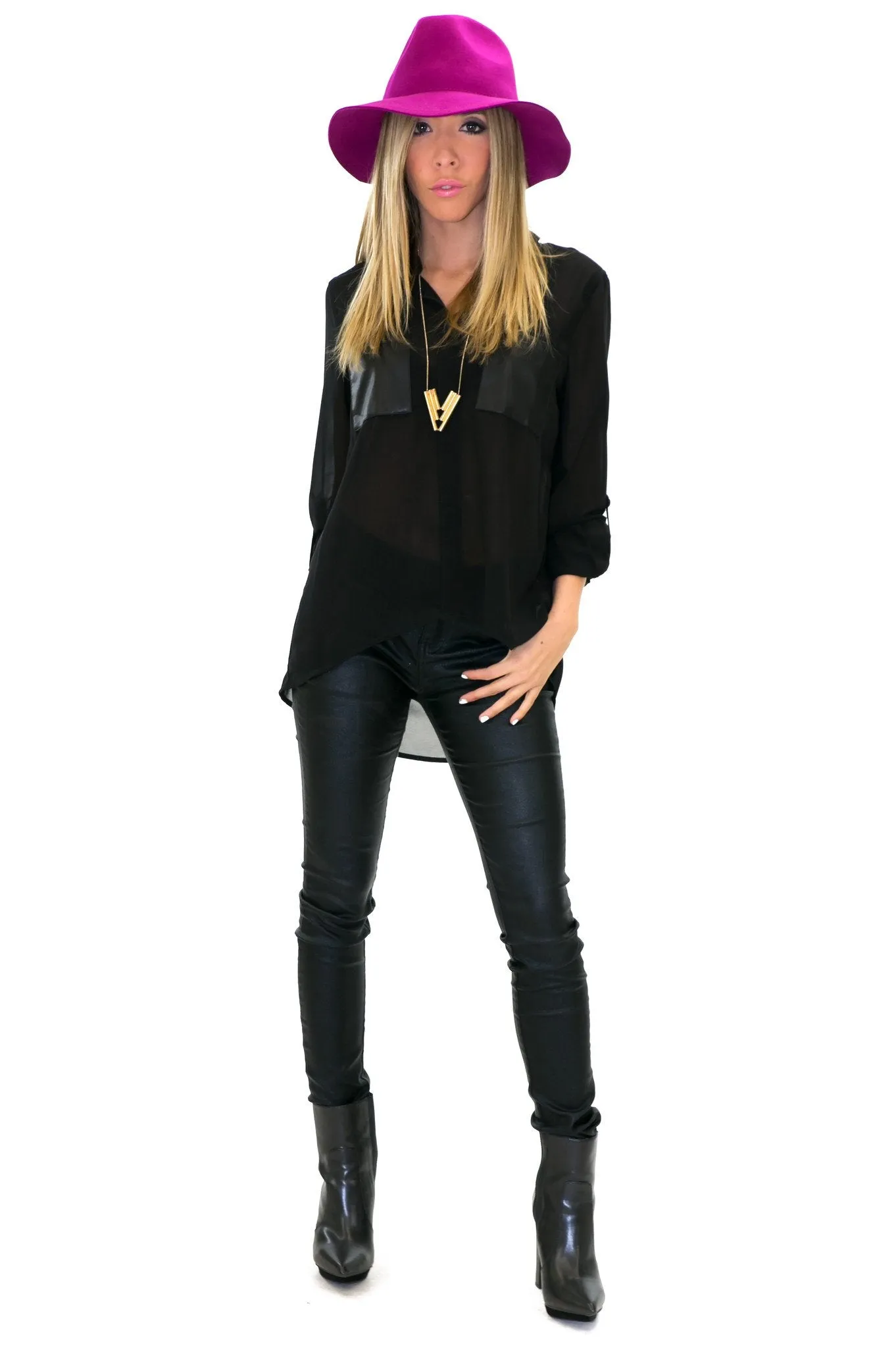 LEATHER POCKET CHIFFON BLOUSE - Black