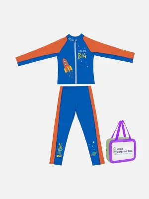 Little Surprise Box,2 pcs Shirt & Pants set LSB Blue & Orange Space Swimwear Full length for Kids with UPF 30 