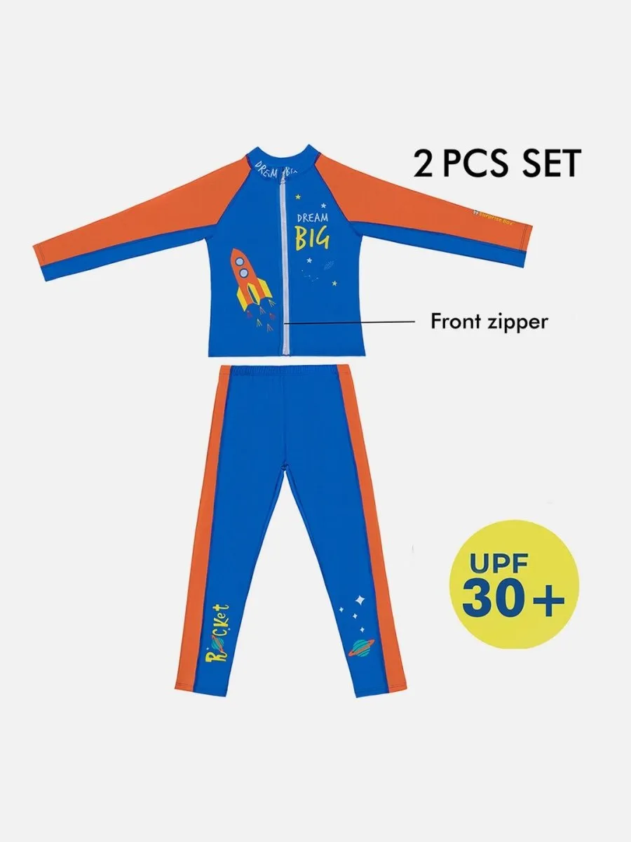 Little Surprise Box,2 pcs Shirt & Pants set LSB Blue & Orange Space Swimwear Full length for Kids with UPF 30 