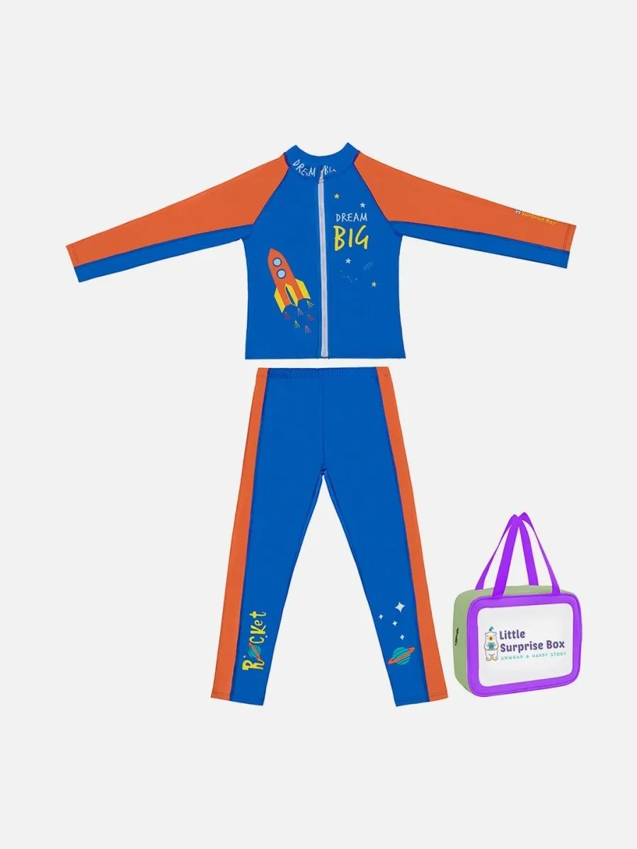 Little Surprise Box,2 pcs Shirt & Pants set LSB Blue & Orange Space Swimwear Full length for Kids with UPF 30 