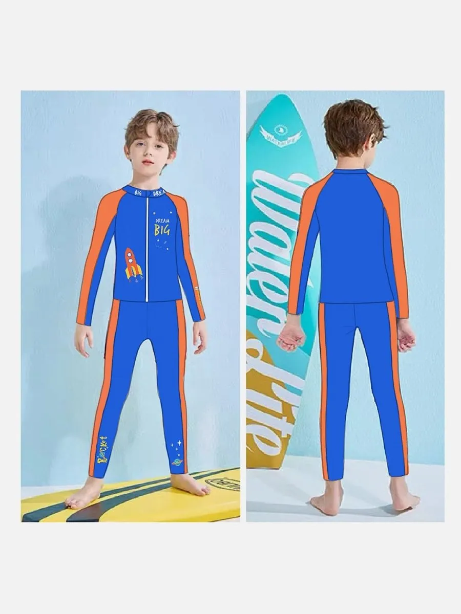 Little Surprise Box,2 pcs Shirt & Pants set LSB Blue & Orange Space Swimwear Full length for Kids with UPF 30 