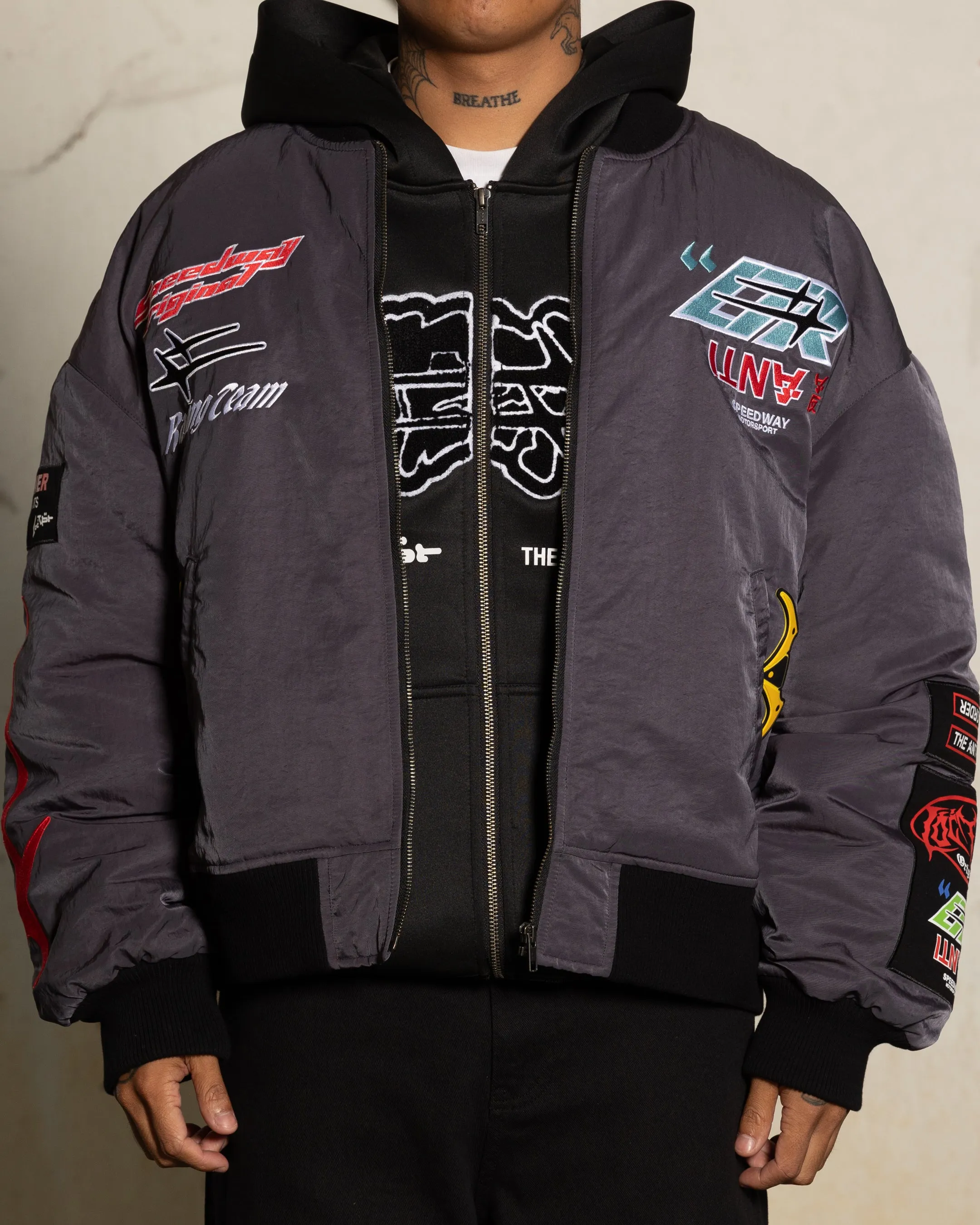 Loiter X The Anti Order Racer Bomber Jacket Charcoal