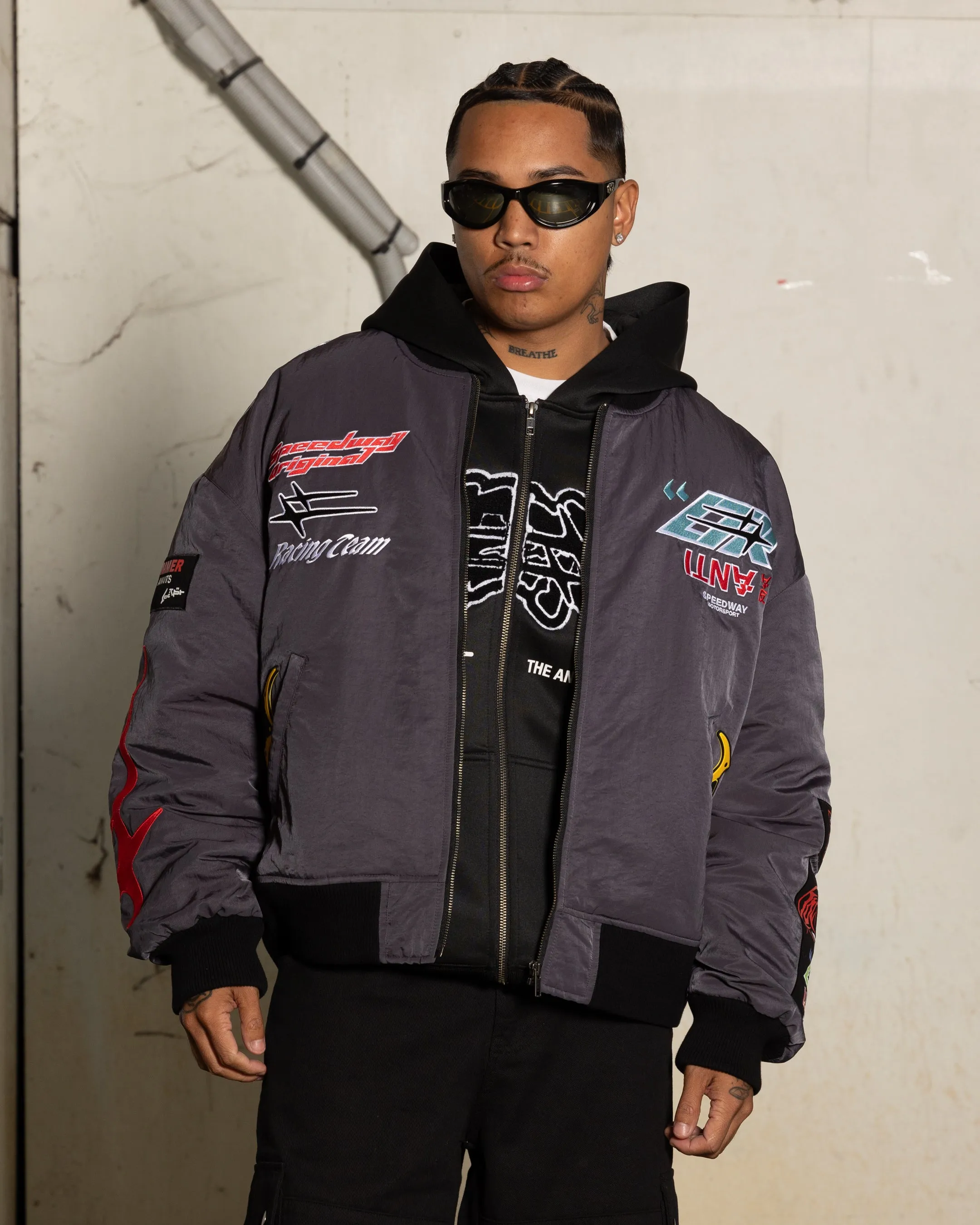 Loiter X The Anti Order Racer Bomber Jacket Charcoal