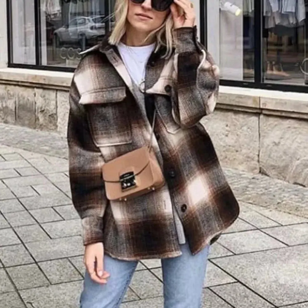 Long Sleeve Thick Plaid Street-Wear Elegant Jacket