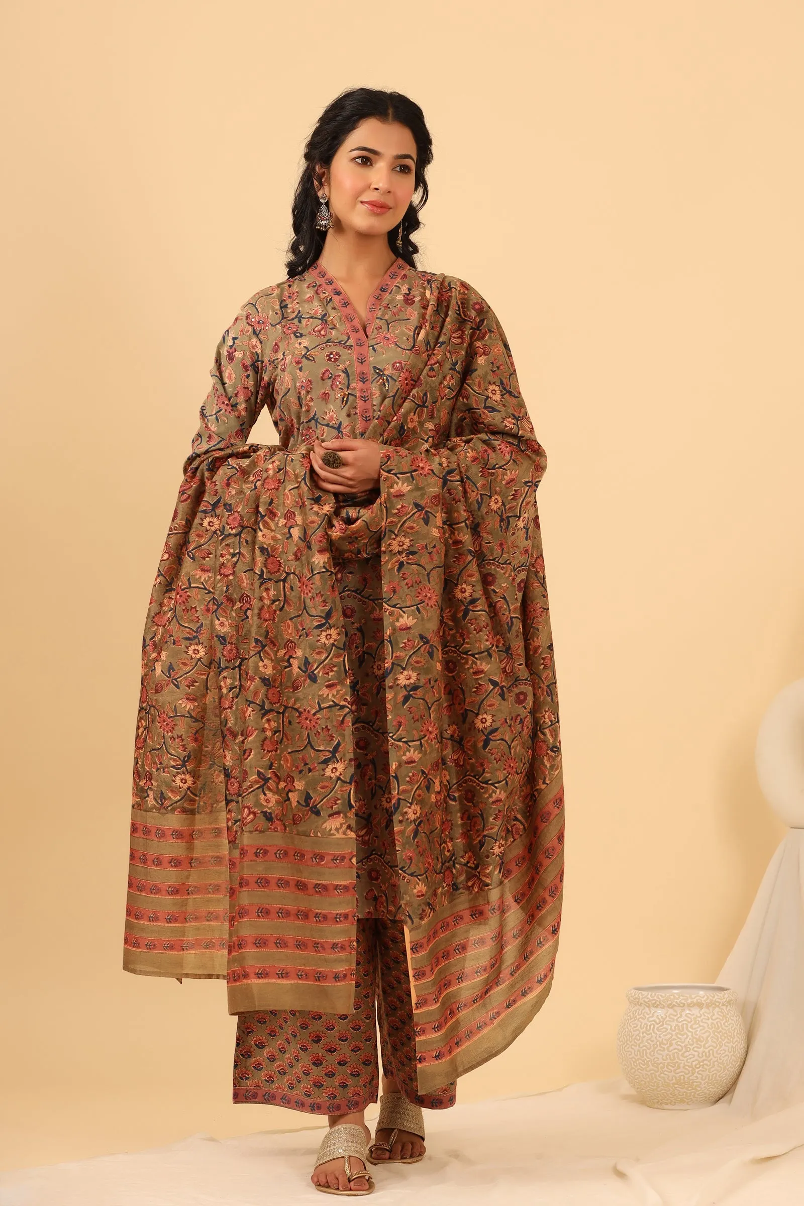 Maheen Afiya Olive Cotton Hand Block Printed Dupatta