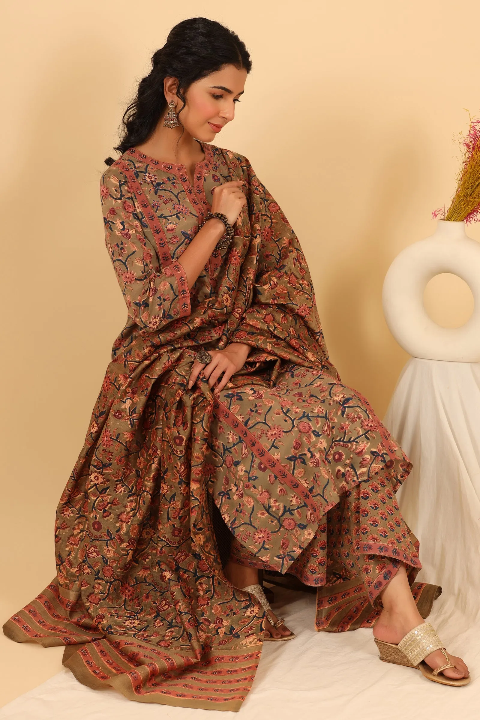 Maheen Afiya Olive Cotton Hand Block Printed Dupatta