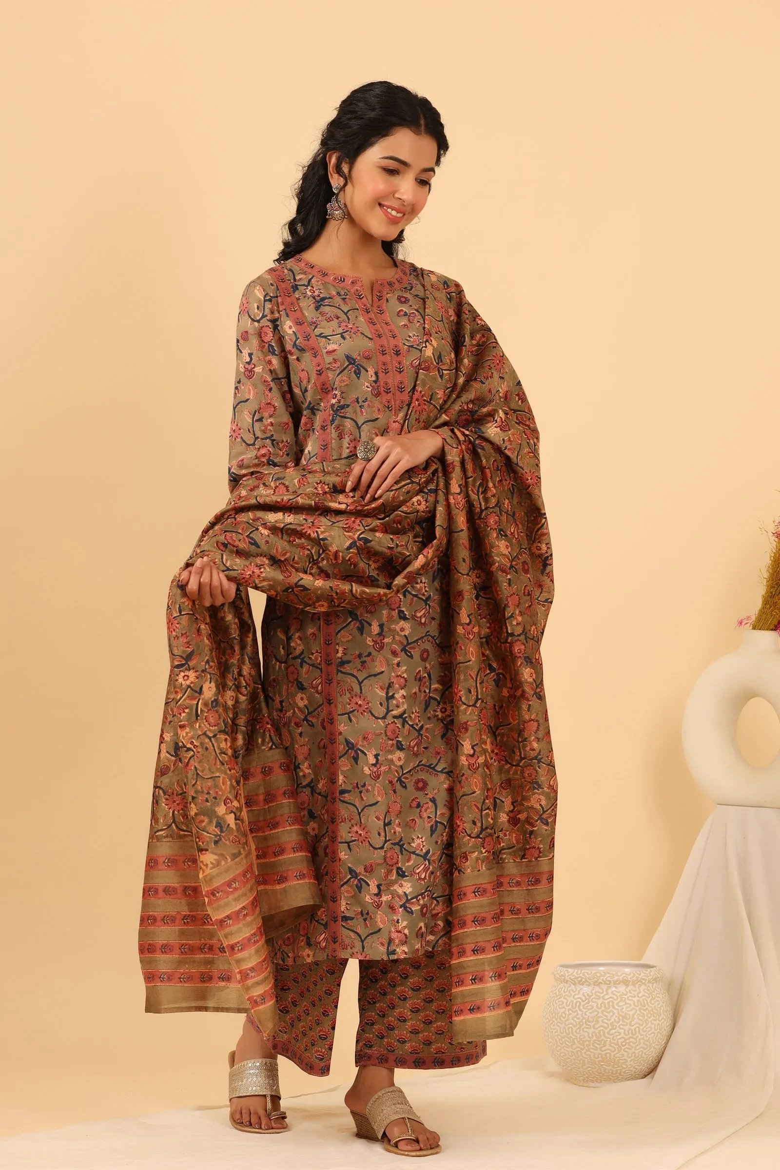 Maheen Afiya Olive Cotton Hand Block Printed Dupatta