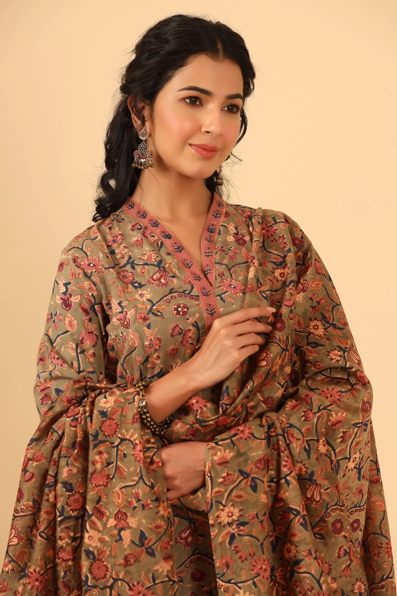 Maheen Afiya Olive Cotton Hand Block Printed Dupatta