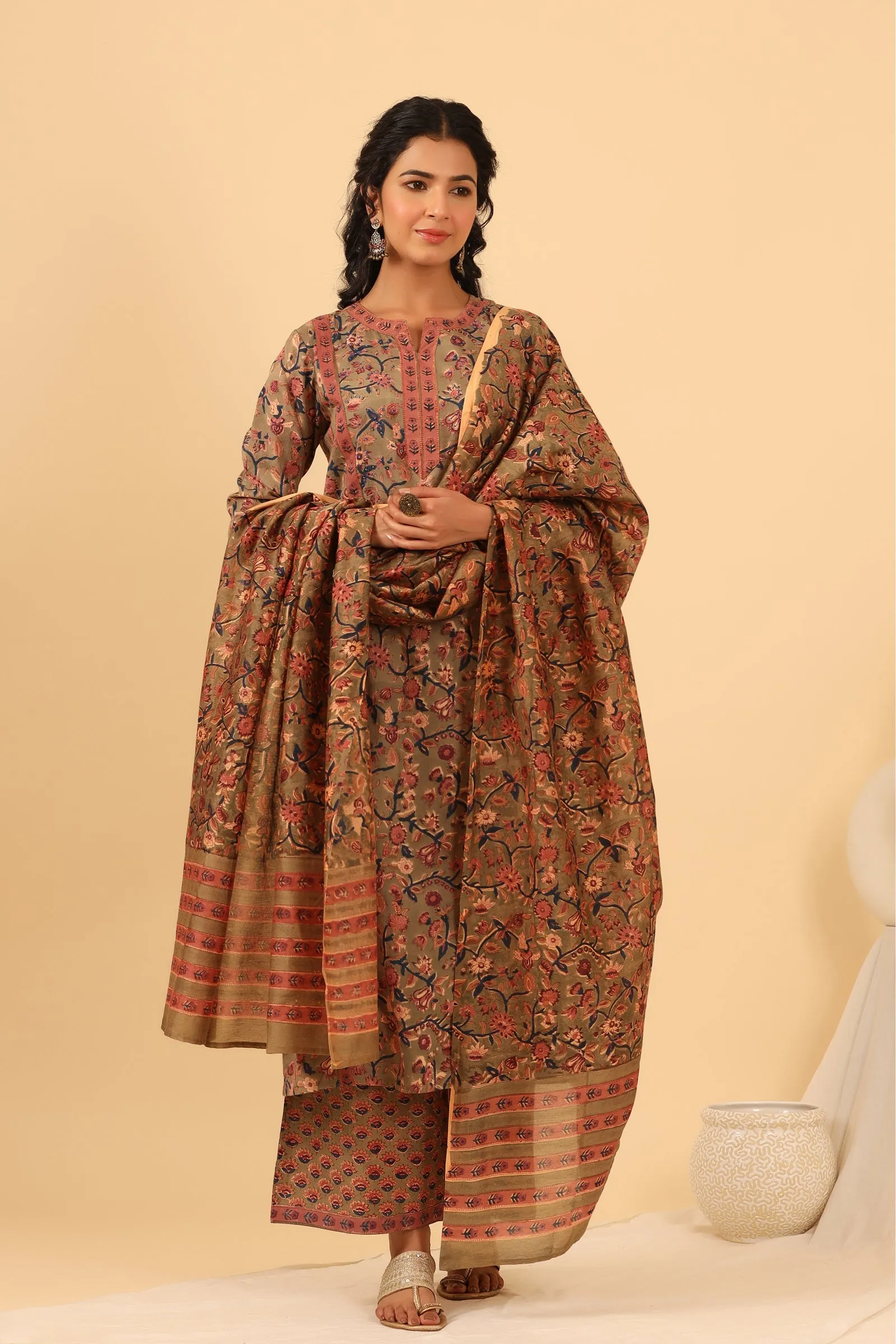 Maheen Afiya Olive Cotton Hand Block Printed Dupatta