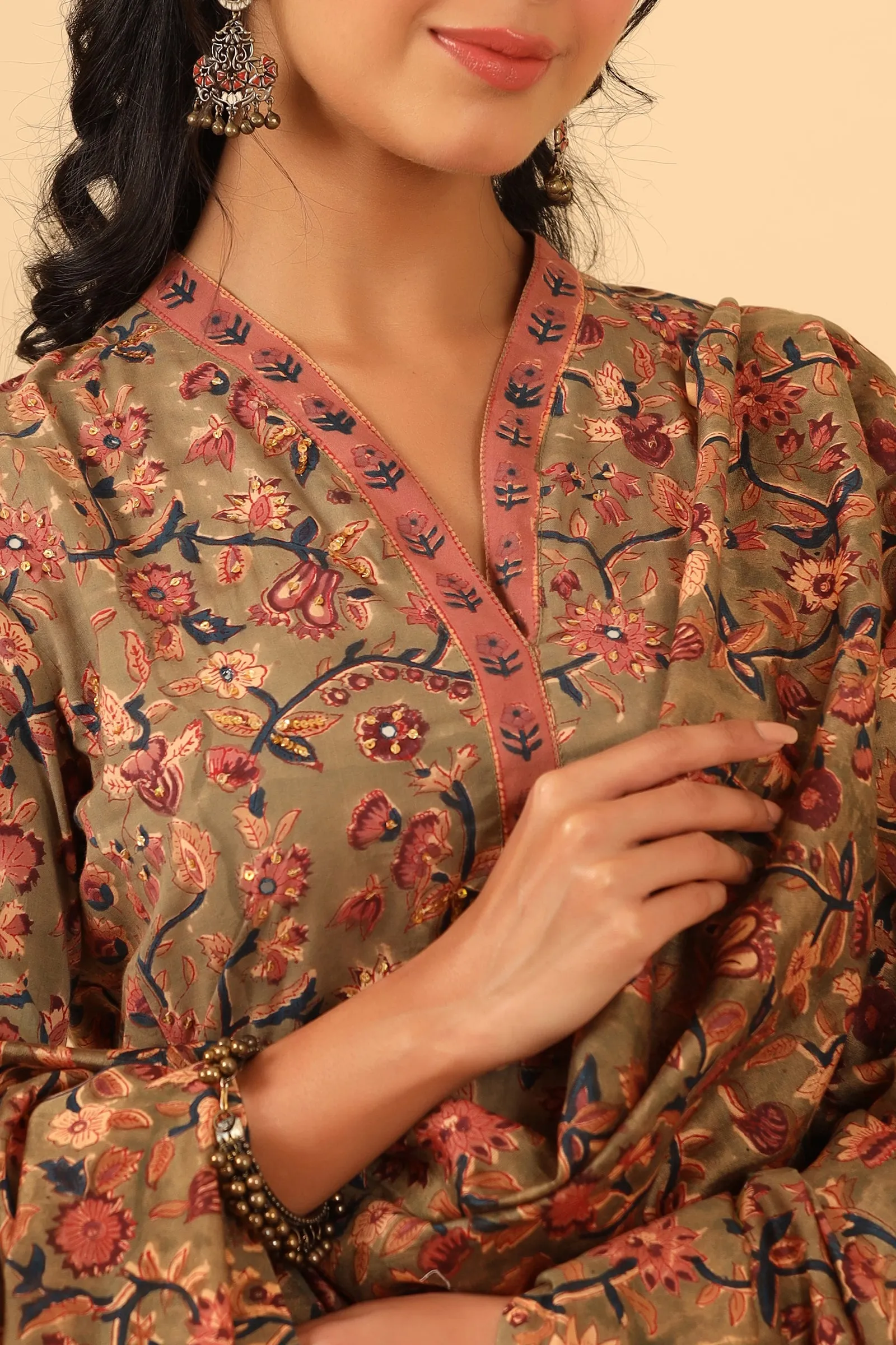 Maheen Afiya Olive Cotton Hand Block Printed Dupatta