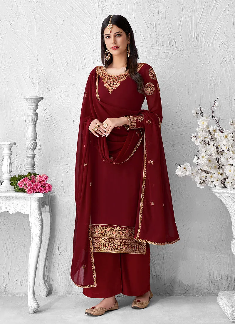 Maroon Embroidered Palazzo Suit