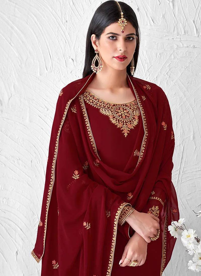 Maroon Embroidered Palazzo Suit