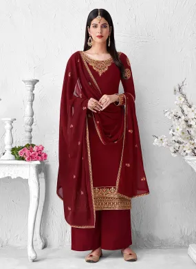 Maroon Embroidered Palazzo Suit