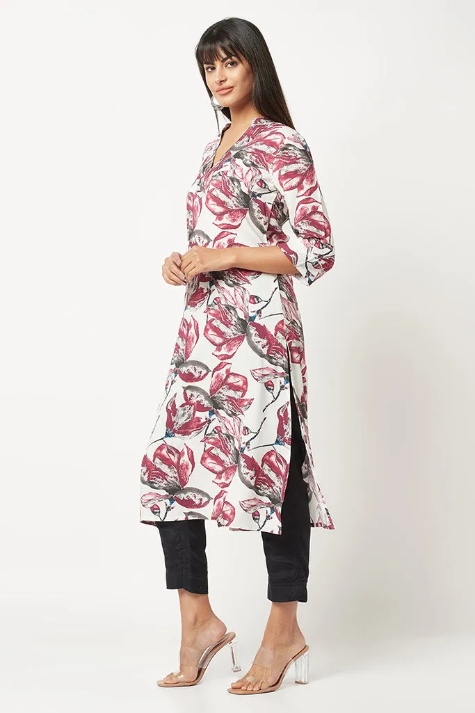 Maroon Floral Print Straight Kurta