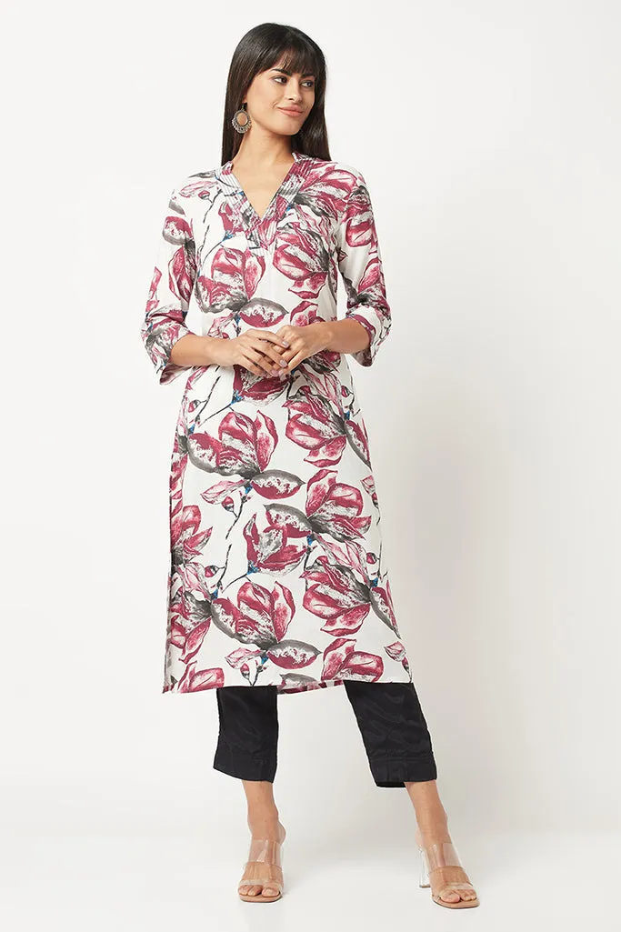 Maroon Floral Print Straight Kurta