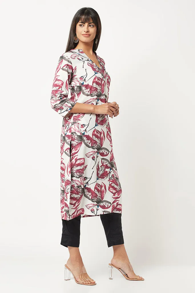 Maroon Floral Print Straight Kurta