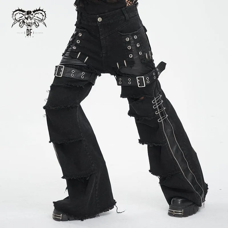 Men's Punk Unedged Faux Leather Splice Flared Pants