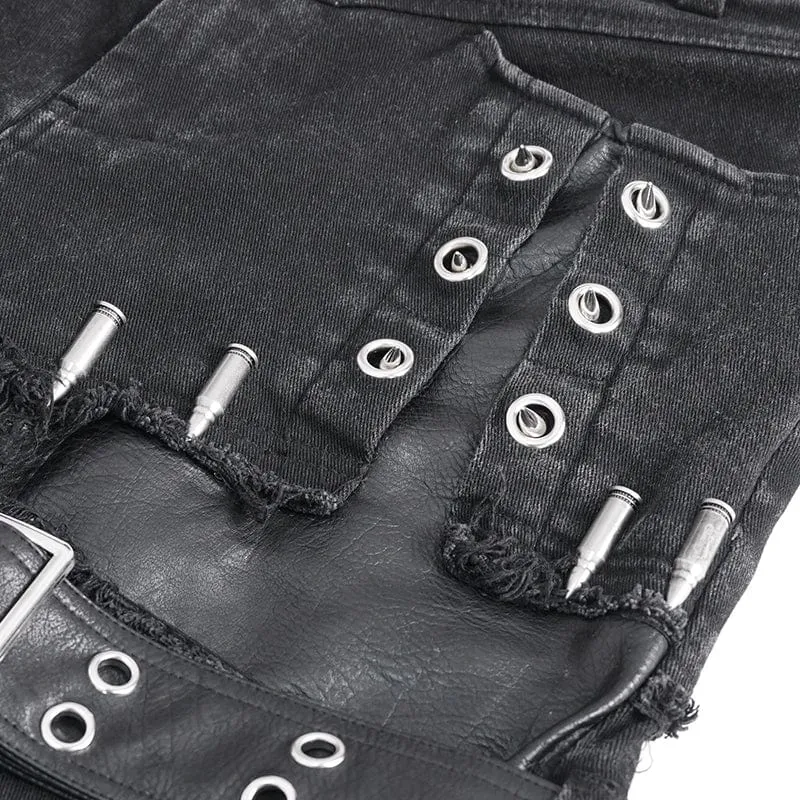 Men's Punk Unedged Faux Leather Splice Flared Pants