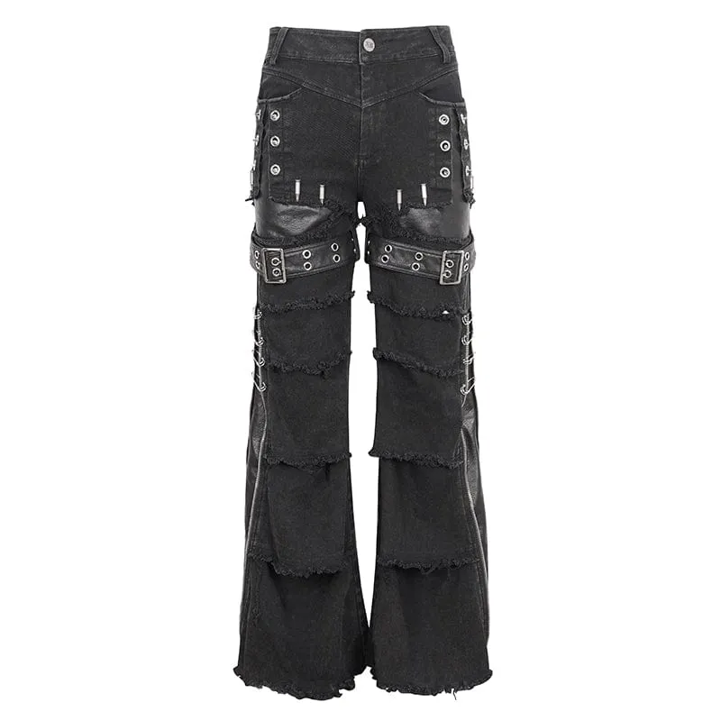 Men's Punk Unedged Faux Leather Splice Flared Pants