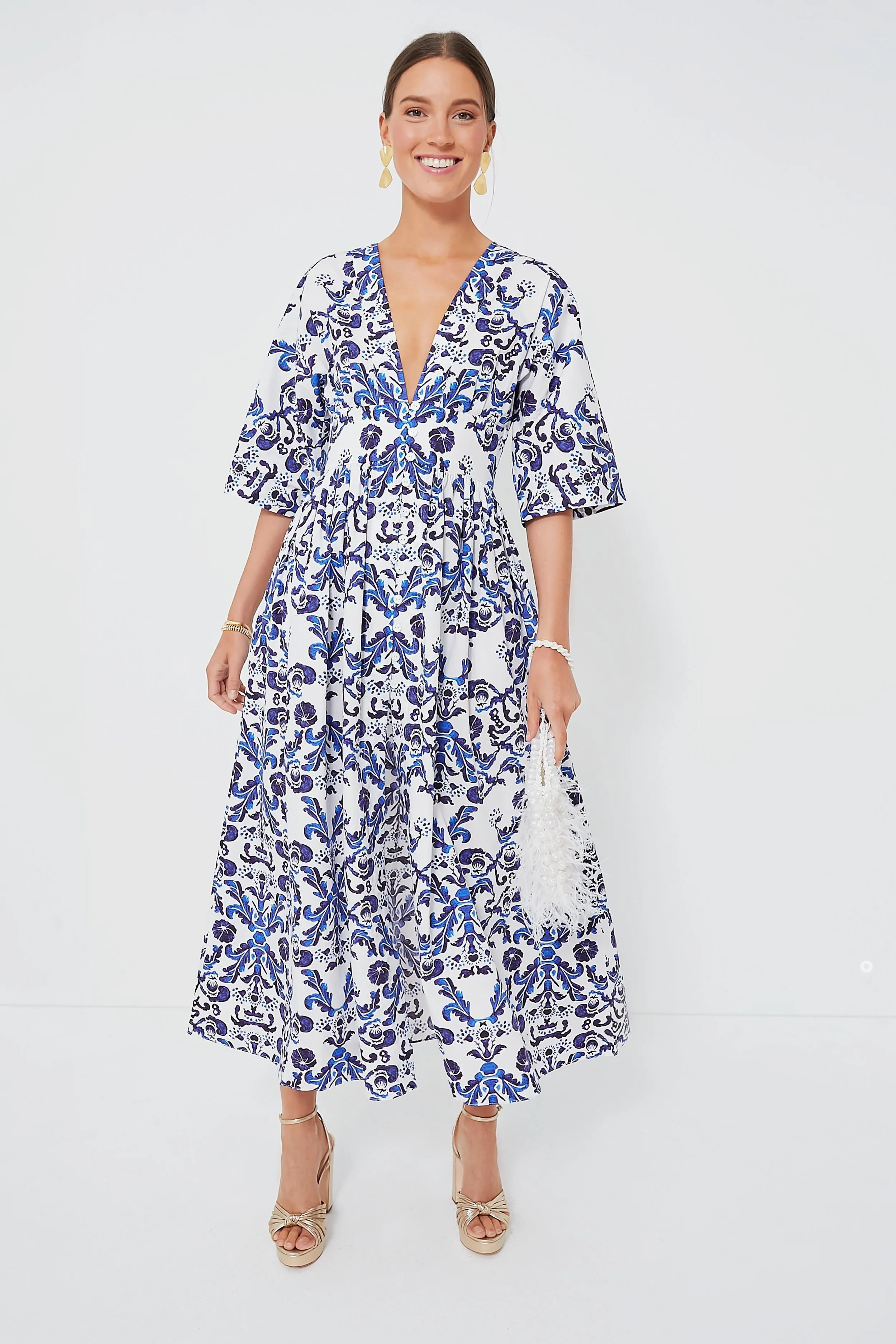 Milanese Wallpaper Blue Elowen California Poplin Dress