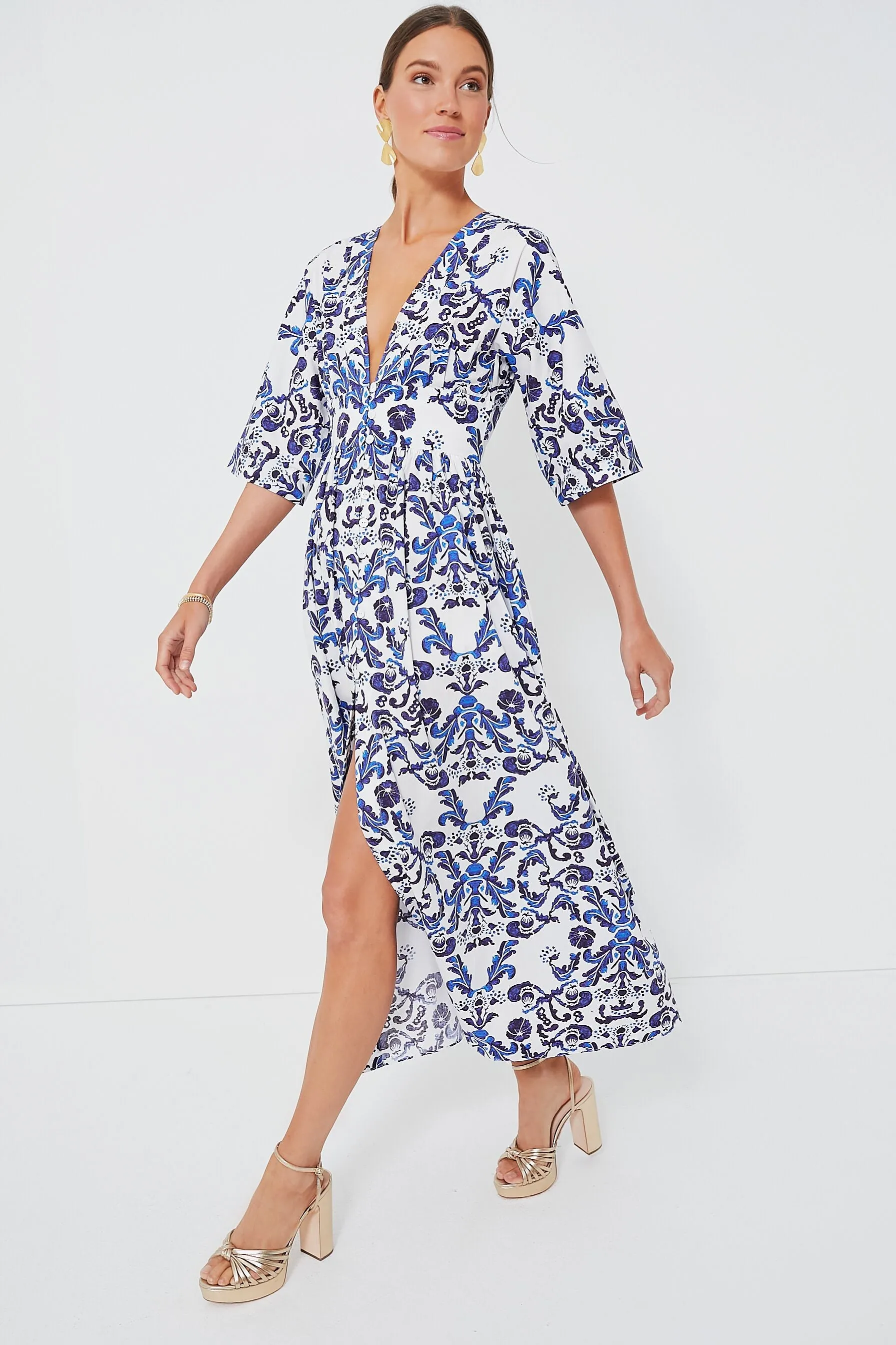 Milanese Wallpaper Blue Elowen California Poplin Dress