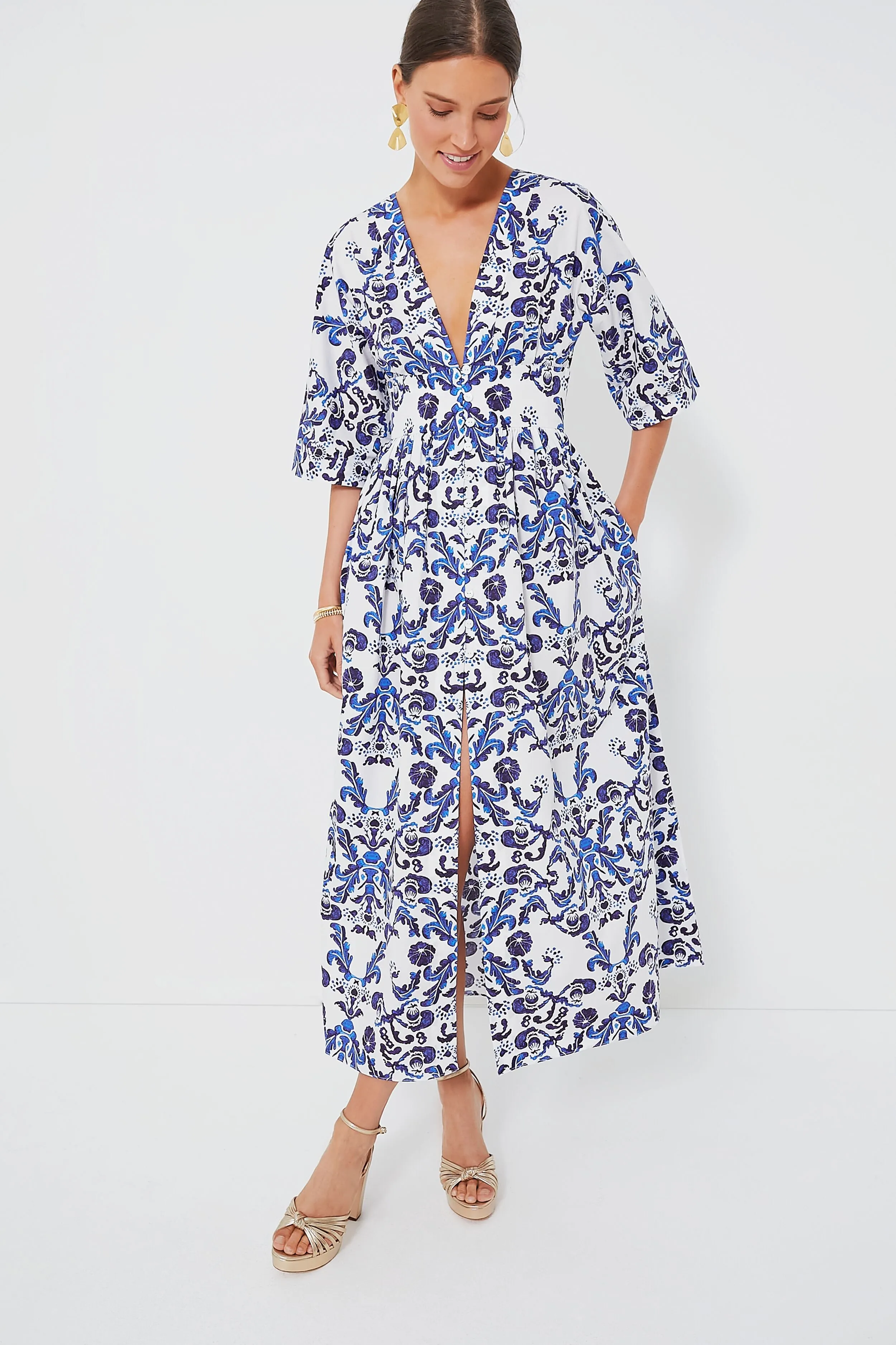 Milanese Wallpaper Blue Elowen California Poplin Dress