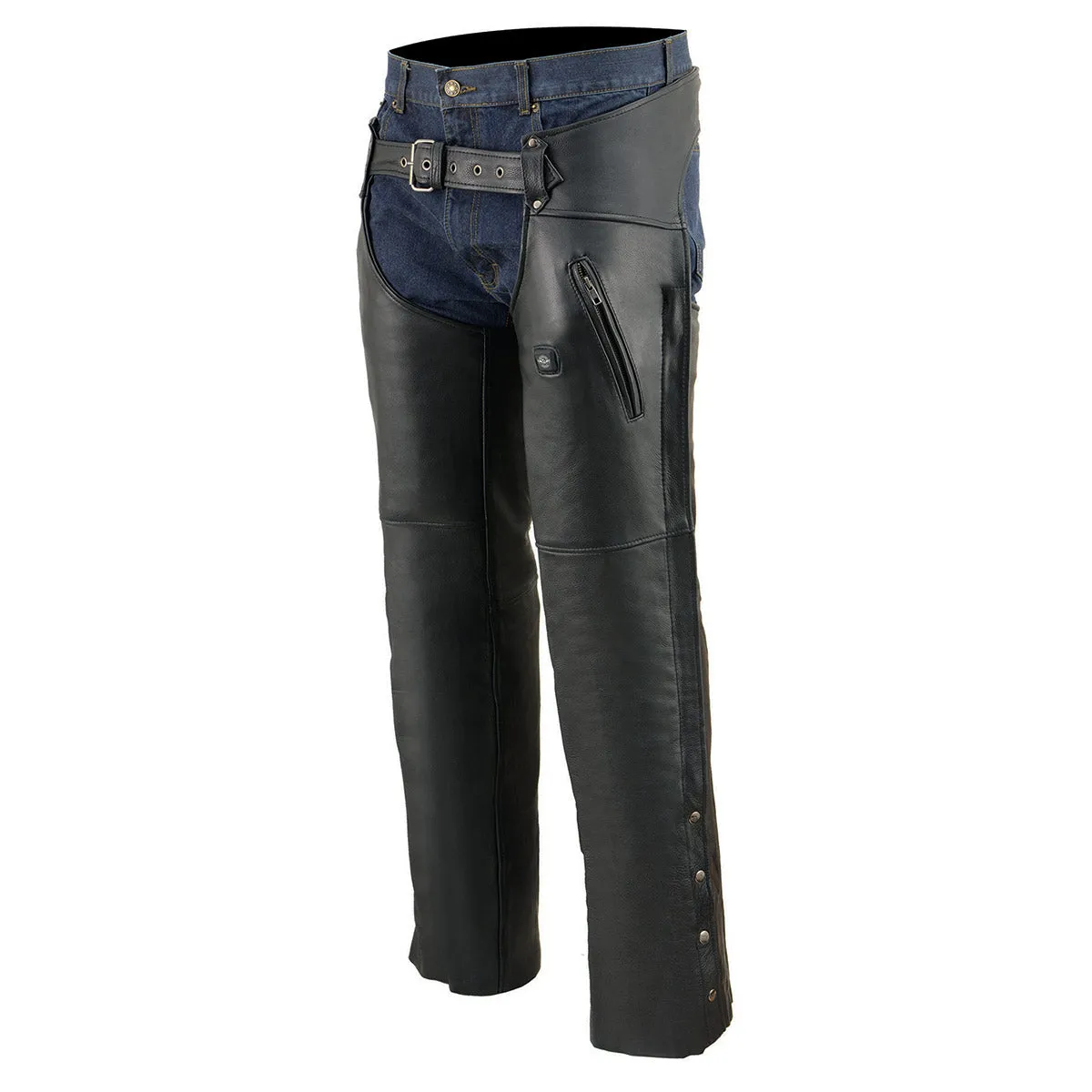 Milwaukee Leather MLM5513 Men's Black 'Heated' Motorcycle Leather Winter Chaps with Zippered Thigh Pockets