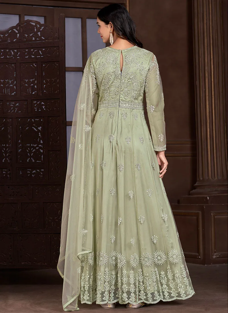 Mint Green Thread And Sequence Embroidery Net Anarkali Suit