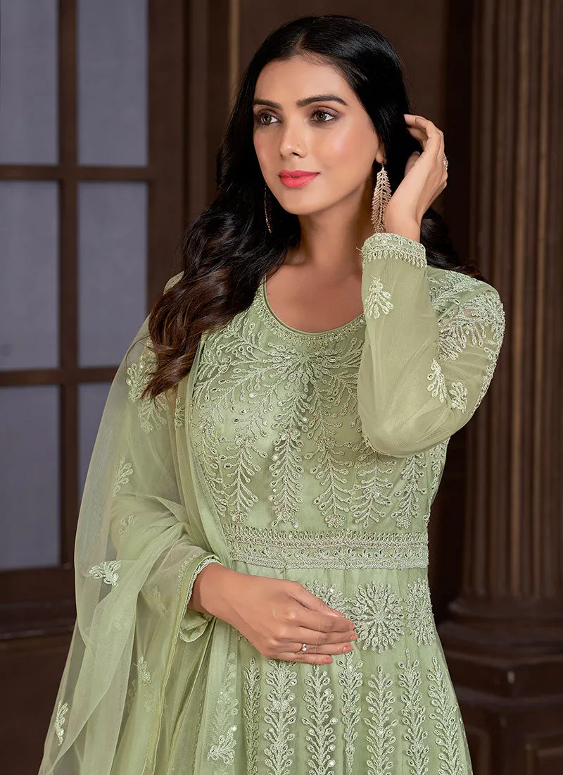 Mint Green Thread And Sequence Embroidery Net Anarkali Suit