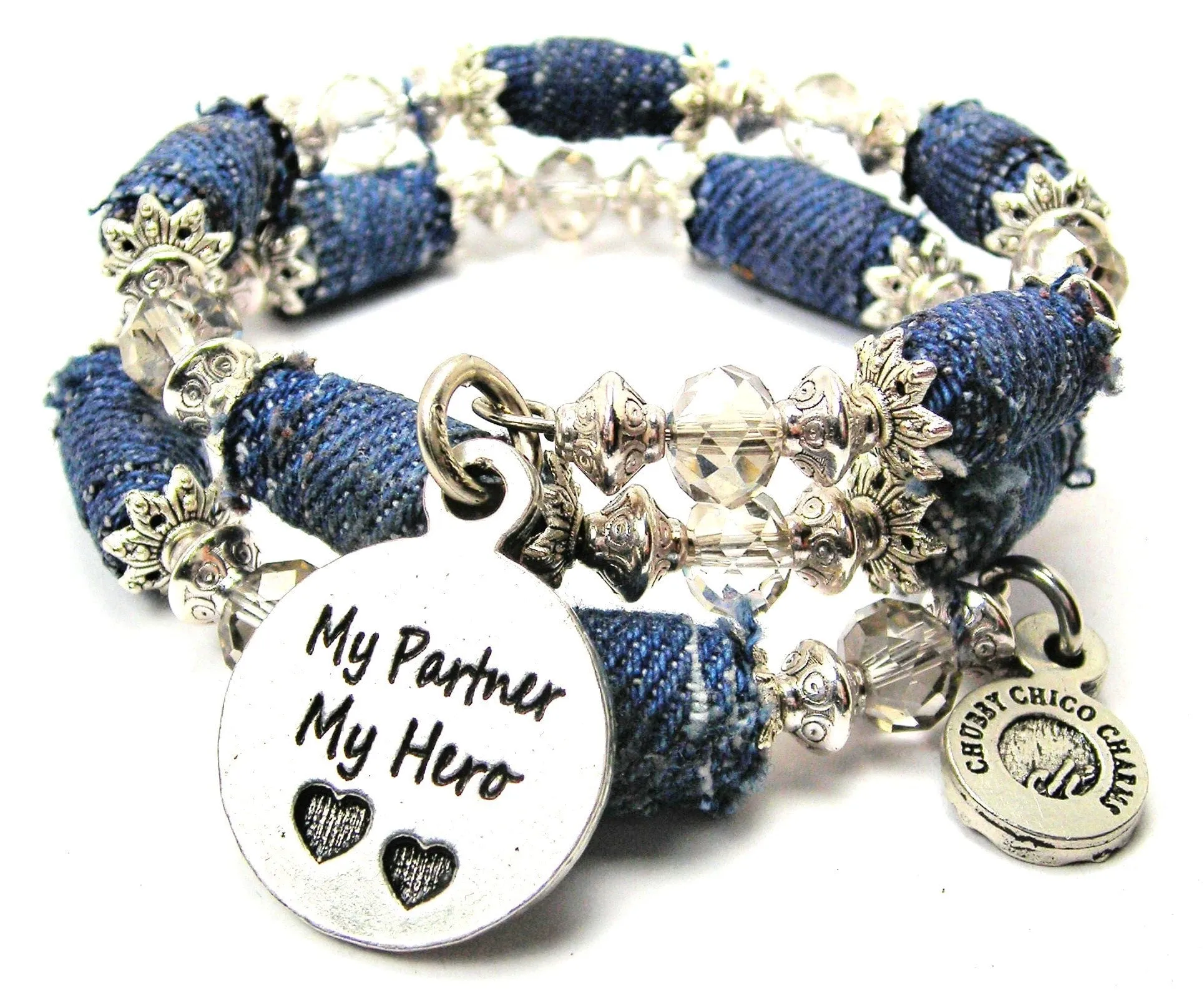 My Partner My Hero Blue Jean Beaded Wrap Bracelet