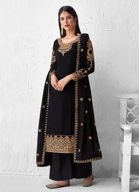 Navy Blue Embroidered Palazzo Suit