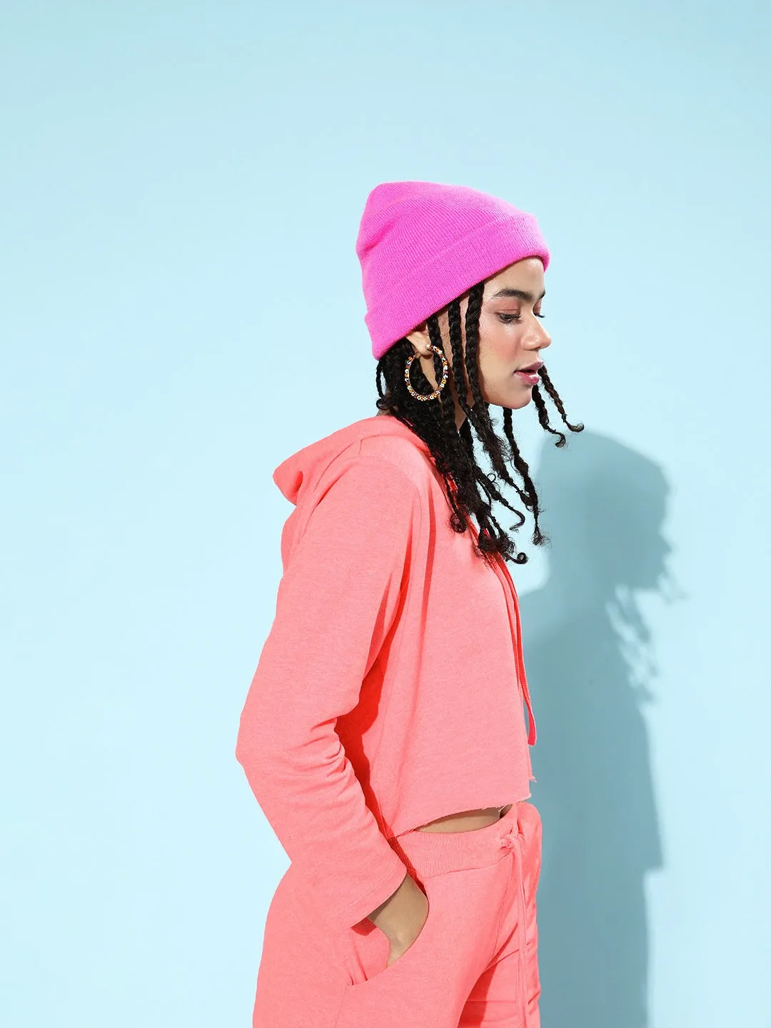 Neon Pink Drawstring Crop Hoodie