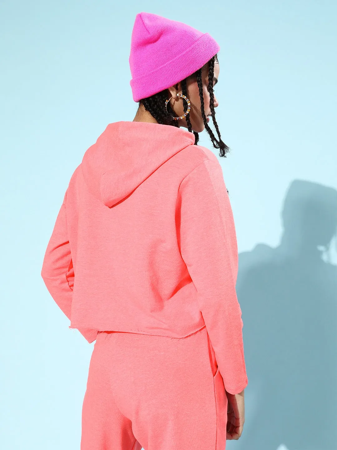 Neon Pink Drawstring Crop Hoodie