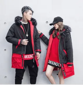 New Korean men's long section large cotton coat tide brand black red color matching down jacket lovers large size coat