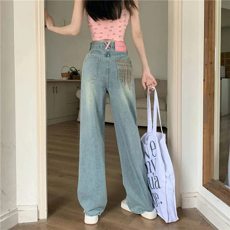 New Summer Fall Niche Embroidery Pockets Casual Wide-Leg Straight Jeans