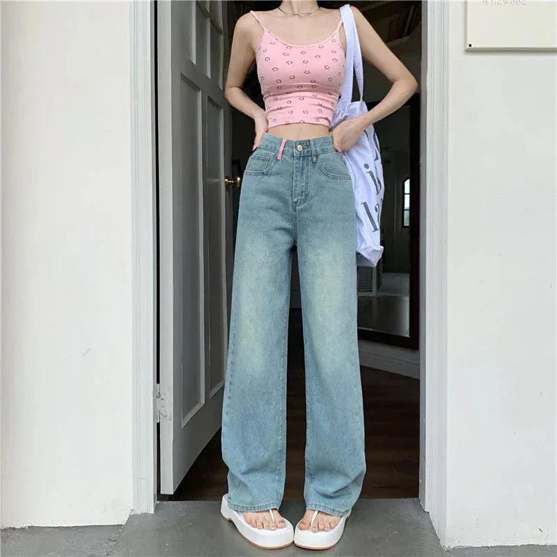 New Summer Fall Niche Embroidery Pockets Casual Wide-Leg Straight Jeans