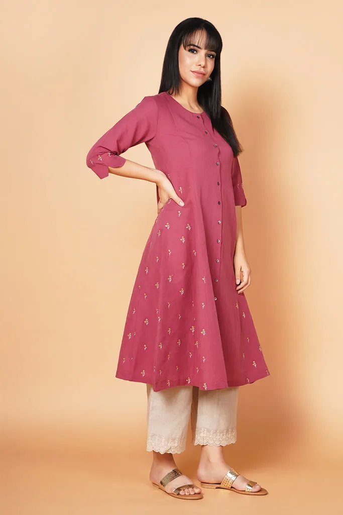 Old Rose A-Line Embroidered Linen Kurta