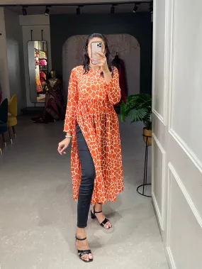 Orange Color Animal Print Chiffon Kurti