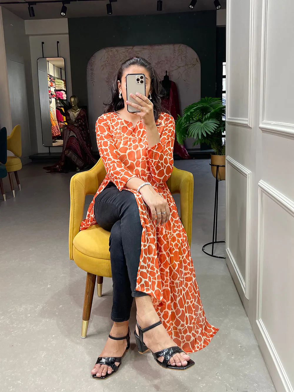 Orange Color Animal Print Chiffon Kurti