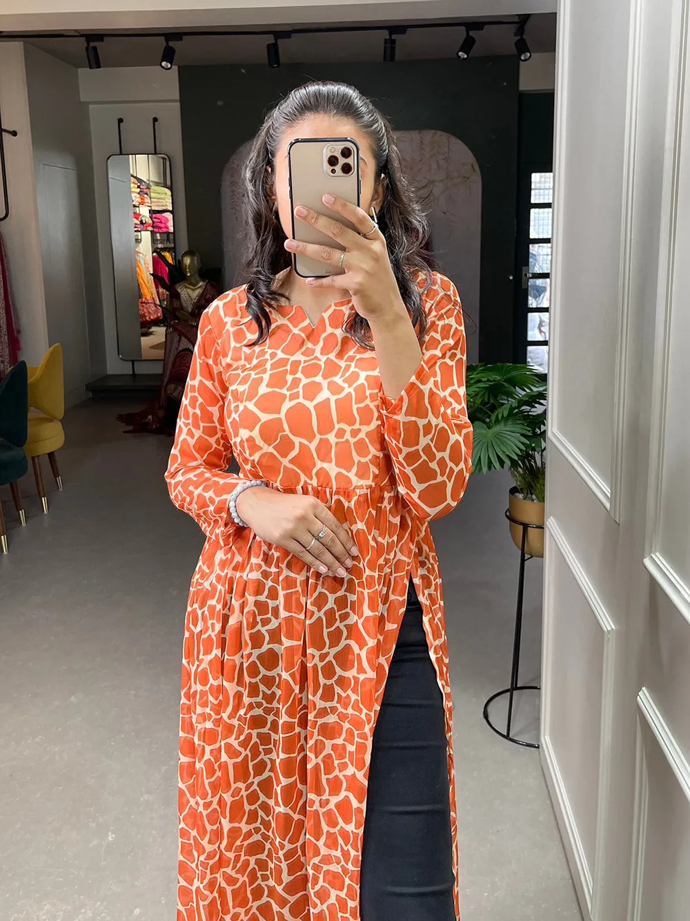 Orange Color Animal Print Chiffon Kurti