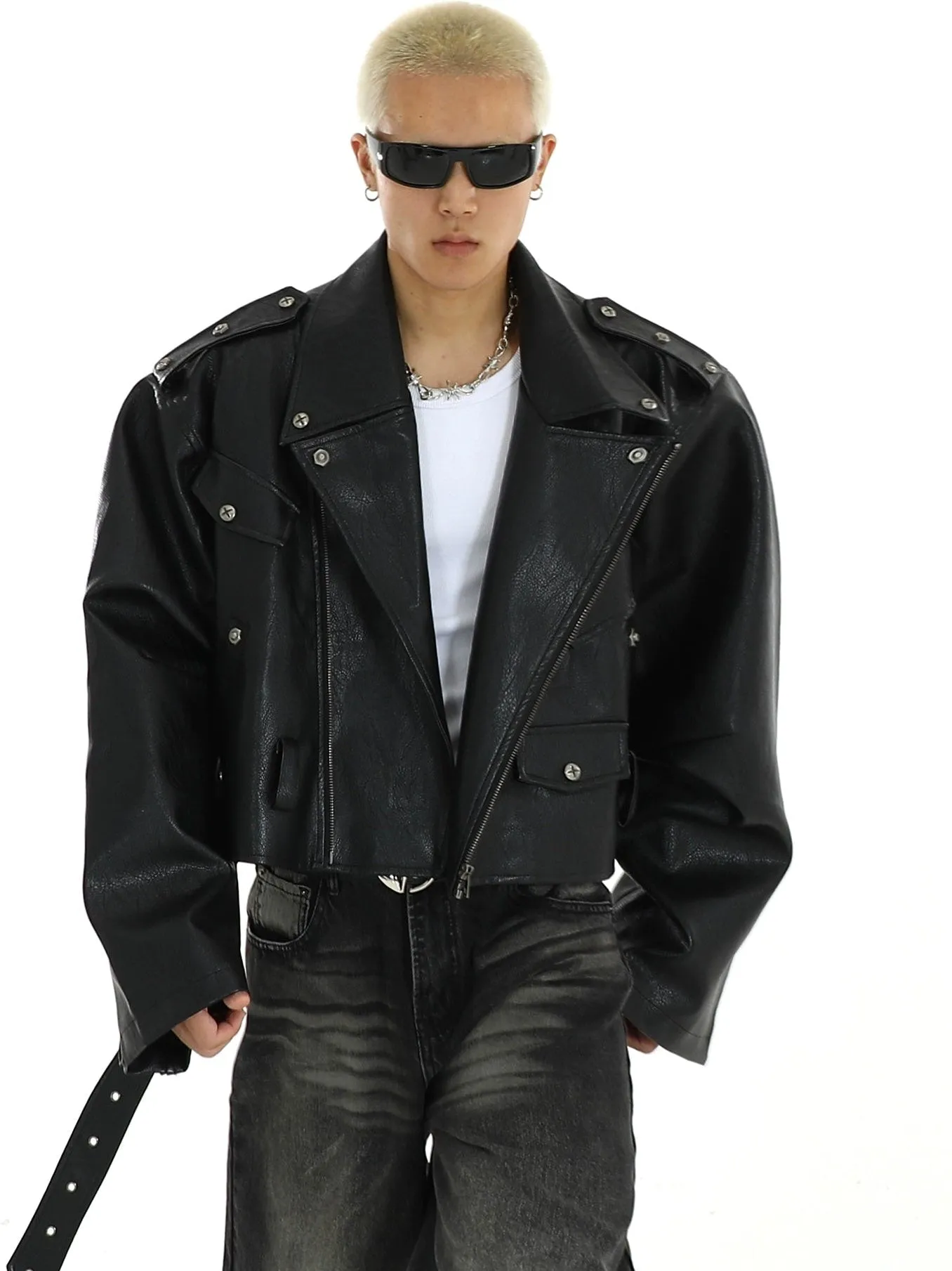 Oversized Mid-Crop Leather Moto Biker Jacket with Belt Detail