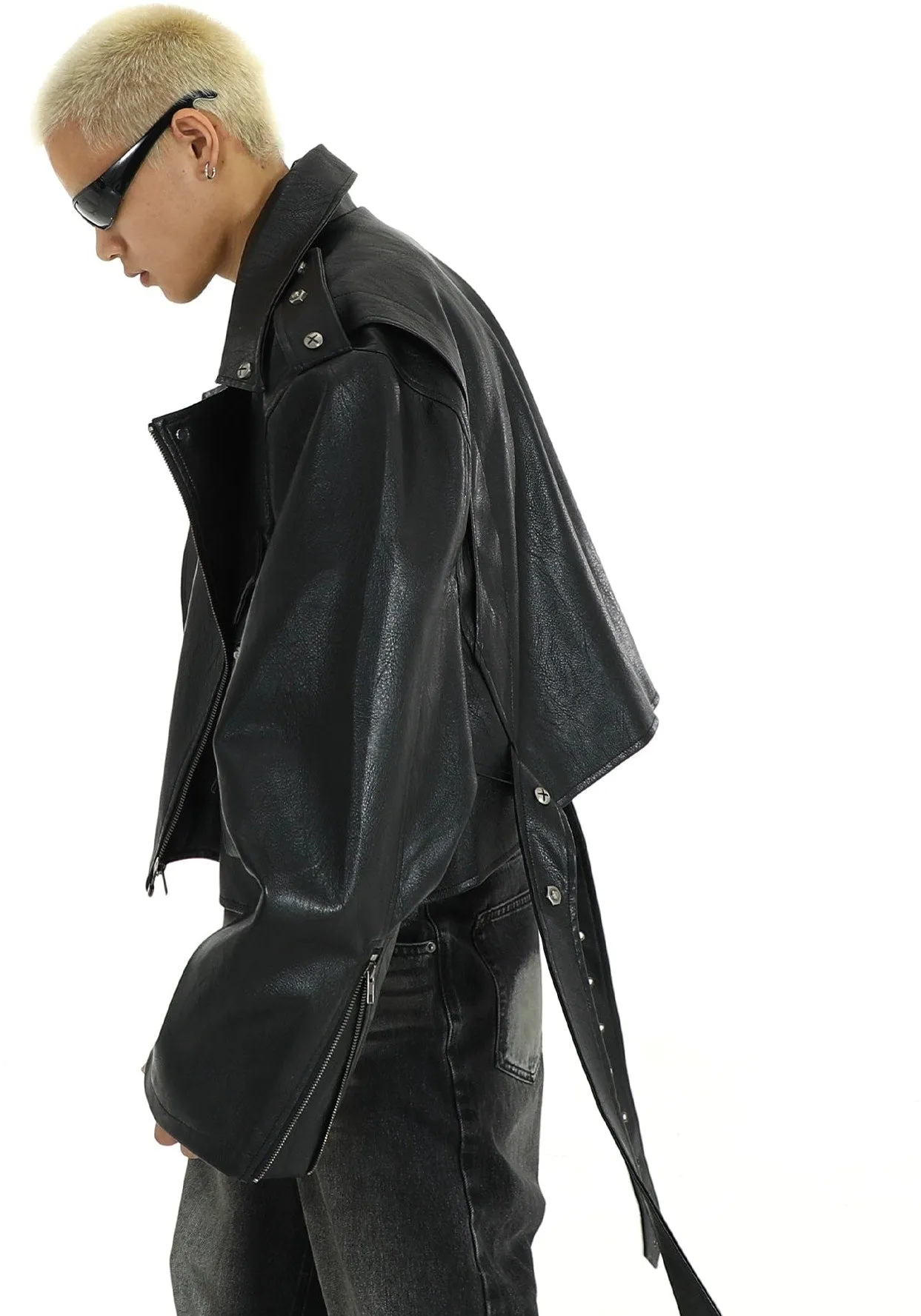 Oversized Mid-Crop Leather Moto Biker Jacket with Belt Detail