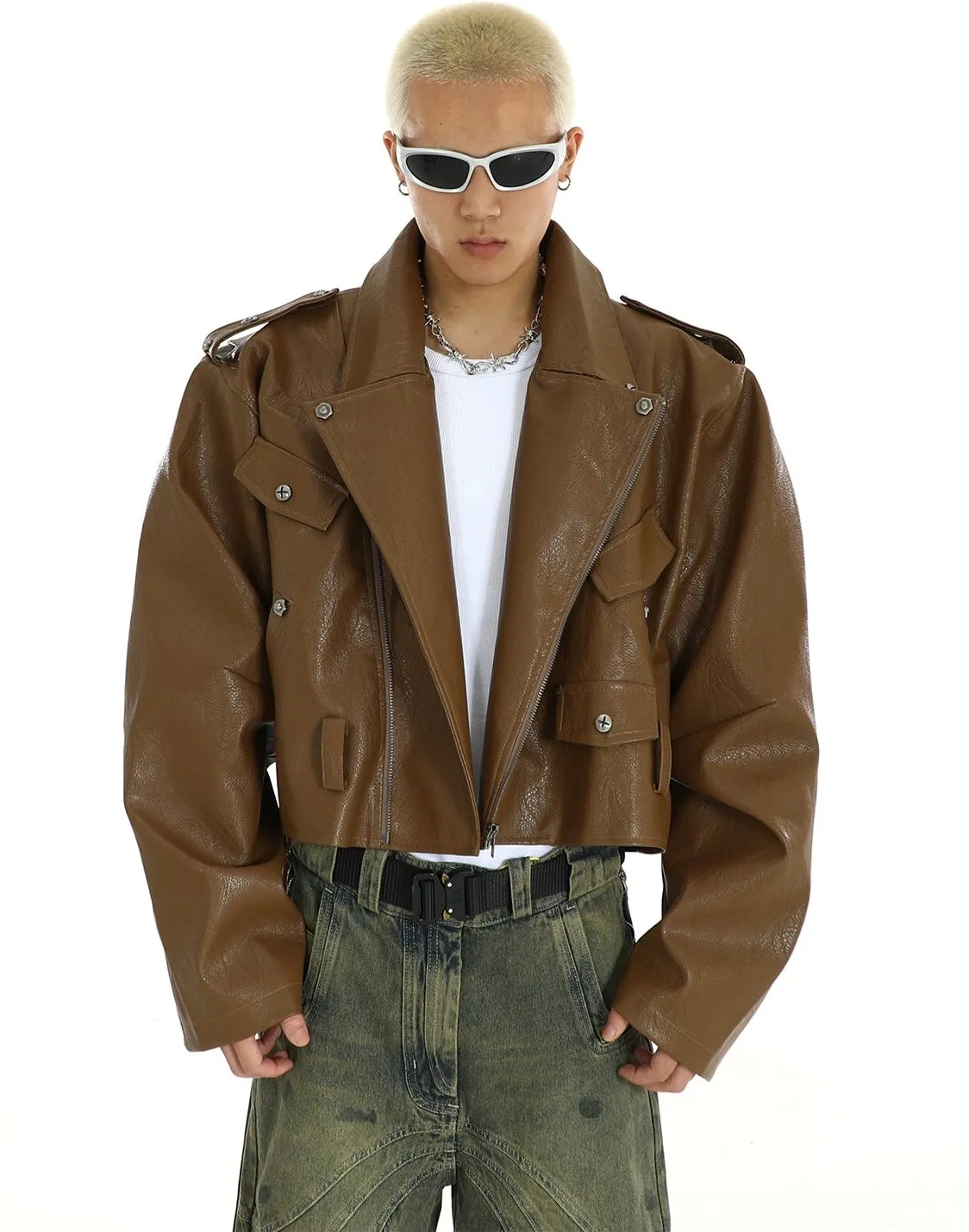 Oversized Mid-Crop Leather Moto Biker Jacket with Belt Detail