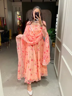 Peach Color Floral Printed Anarkali Style Chiffon Kurti