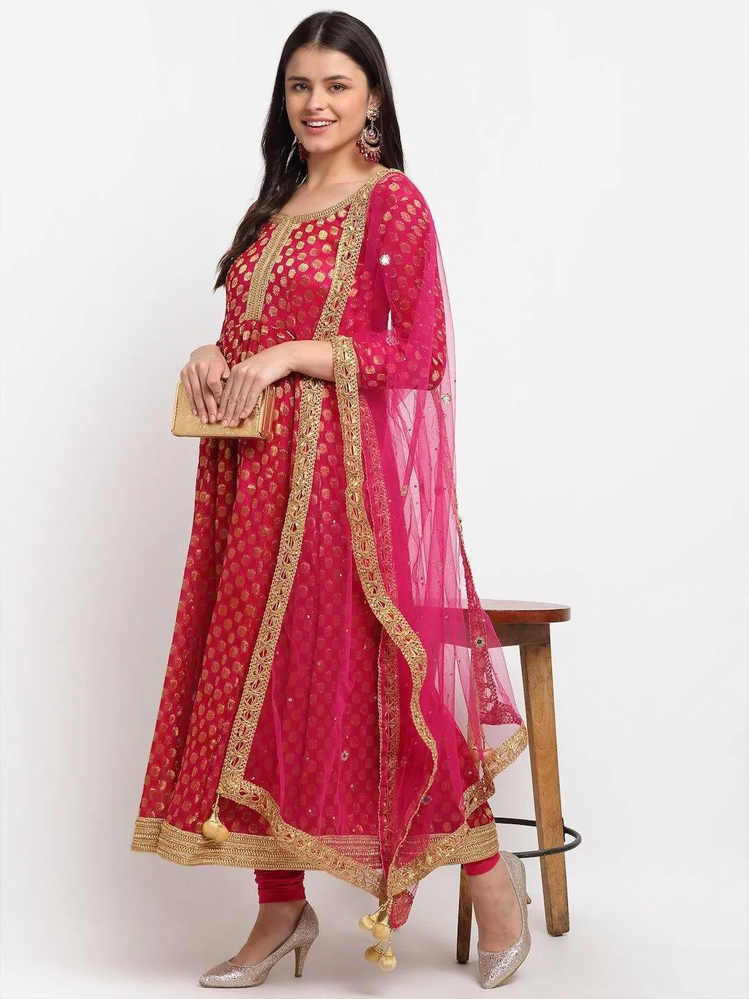 Pink Red Anarkali Suit Set with Dupatta