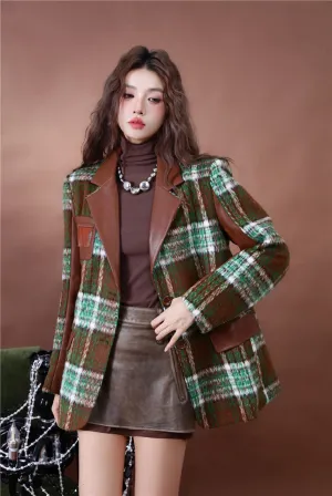 Plaid Patchwork Single-Breasted Parka Coat