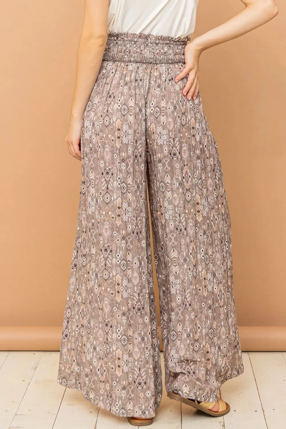 Printed Smocked Waist Slit Wide Leg Pants