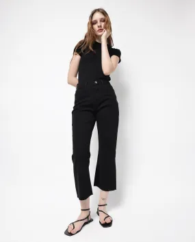 Rareism Women Winona Black Cotton Fabric Plain Crop Flare Jeans