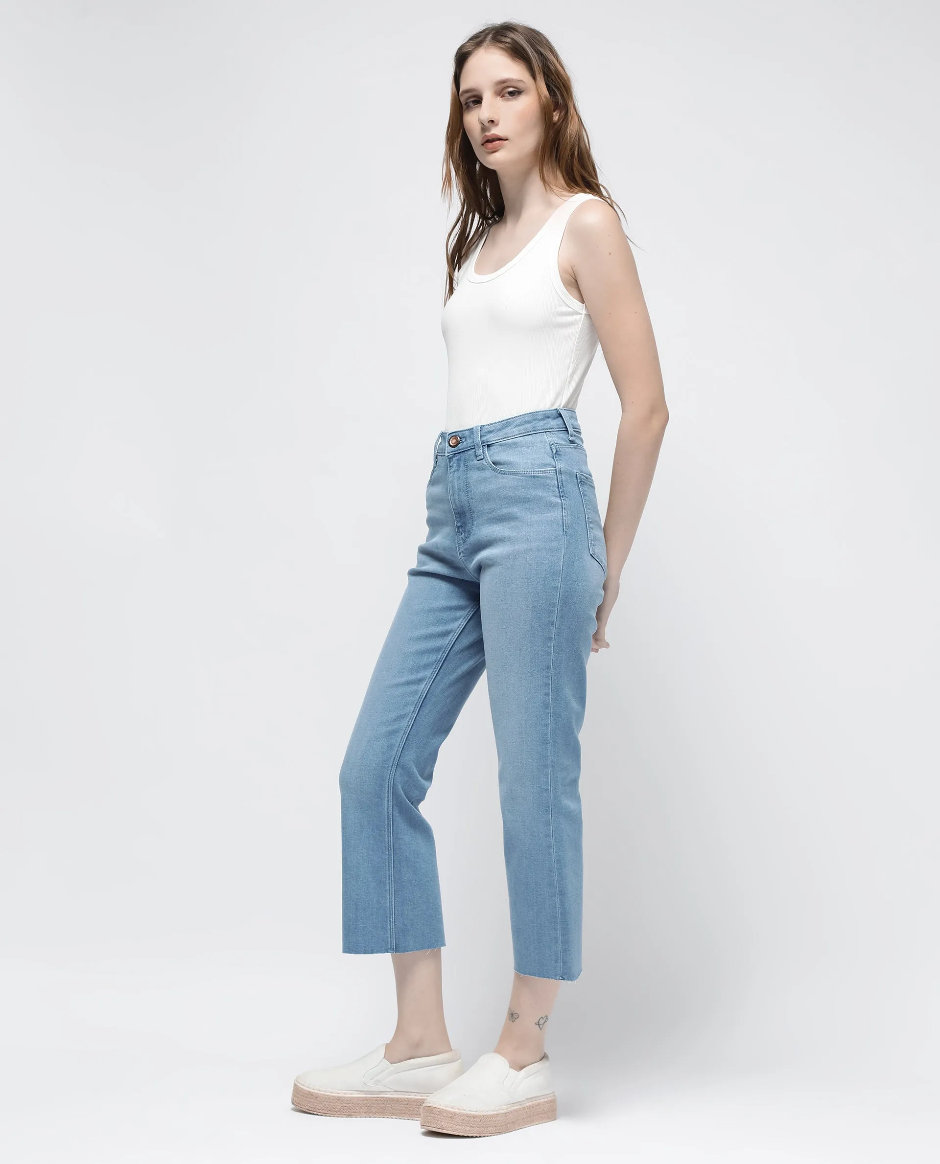 Rareism Women Winona Pastel Blue Cotton Fabric Plain Crop Flare Jeans