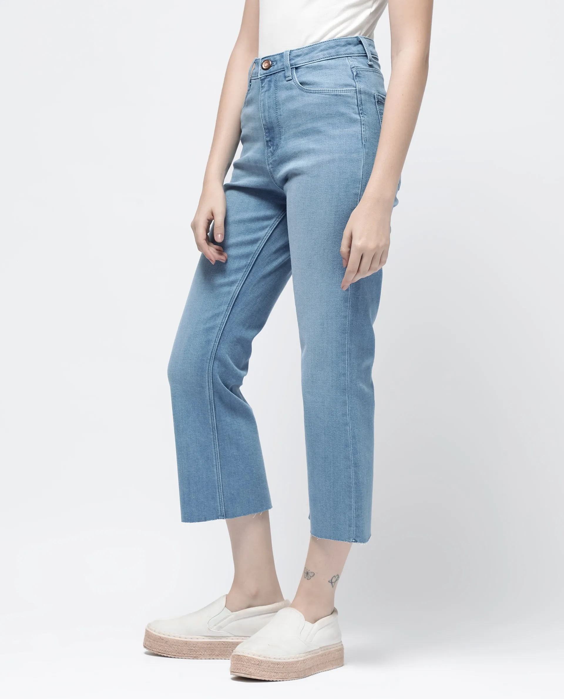 Rareism Women Winona Pastel Blue Cotton Fabric Plain Crop Flare Jeans